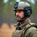 Professionnel en équipement tactique complet avec casque balistique et oreillette de communication en forêt