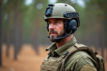 Professionnel en équipement tactique complet avec casque balistique et oreillette de communication en forêt