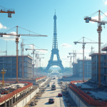 Grand chantier de construction en France avec grues et tour Eiffel