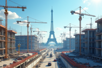Grand chantier de construction en France avec grues et tour Eiffel