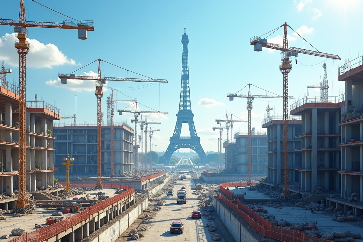 Grand chantier de construction en France avec grues et tour Eiffel