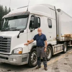 Chauffeur routier expérimenté devant un camion poids lourd blanc dans un dépôt de fret des Vosges entouré de forêts de pins
