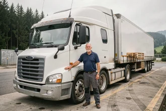 Chauffeur routier expérimenté devant un camion poids lourd blanc dans un dépôt de fret des Vosges entouré de forêts de pins