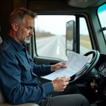 Chauffeur routier dans sa cabine de camion examinant ses fiches de paie avec une expression perplexe