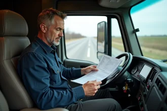 Chauffeur routier dans sa cabine de camion examinant ses fiches de paie avec une expression perplexe