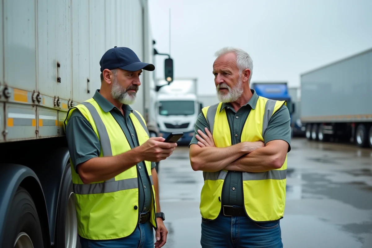 Deux chauffeurs routiers discutant des différences de salaires dans un dépôt logistique