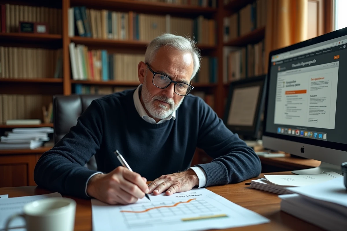 Chercheur senior en bureau universitaire analysant une grille de salaire et une progression de carrière au CNRS