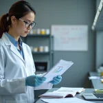 Chercheuse CNRS en blouse blanche consultant des documents scientifiques dans un laboratoire universitaire moderne