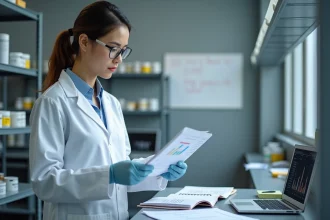 Chercheuse CNRS en blouse blanche consultant des documents scientifiques dans un laboratoire universitaire moderne
