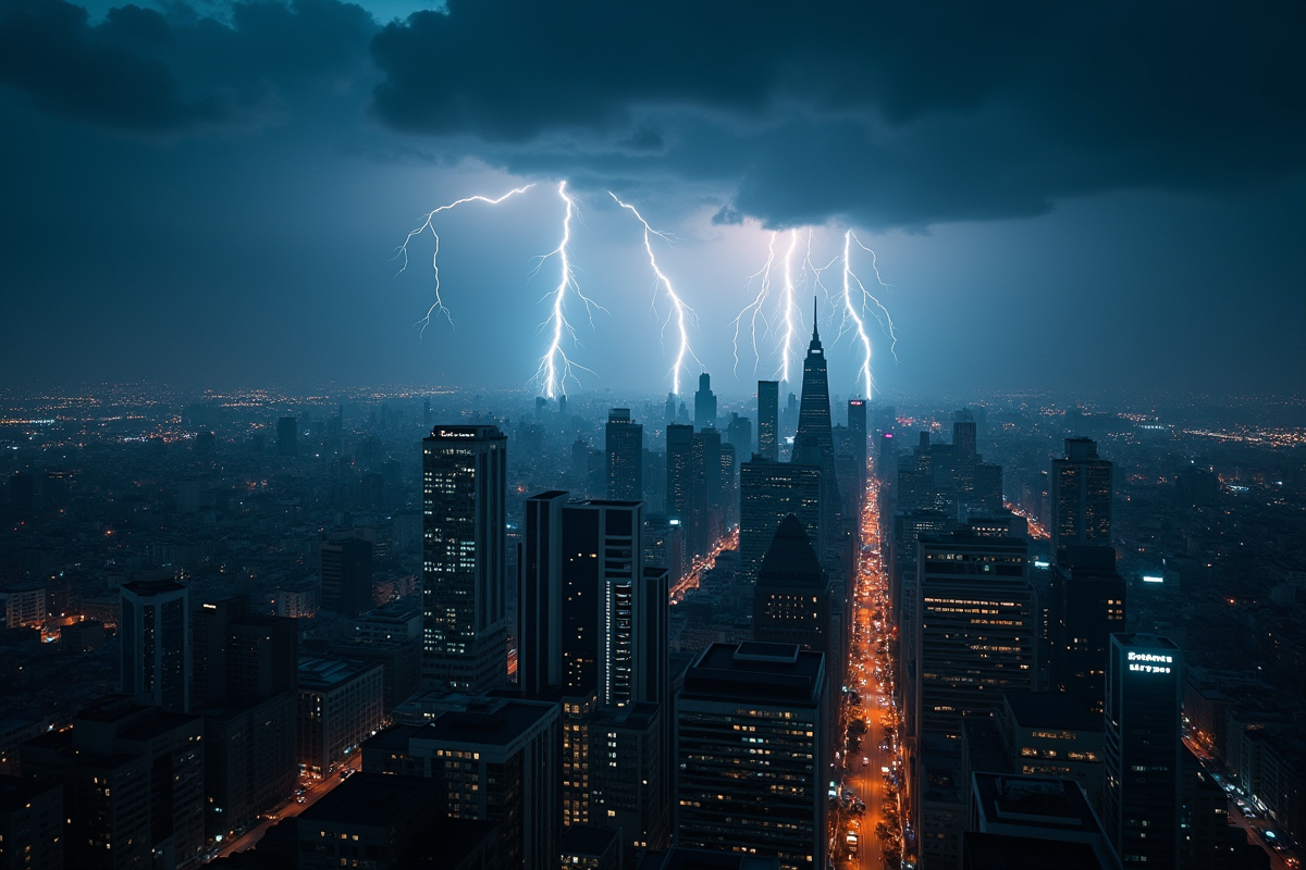 Vue aérienne d une ville lors d un orage avec éclairs et bâtiments éclairés