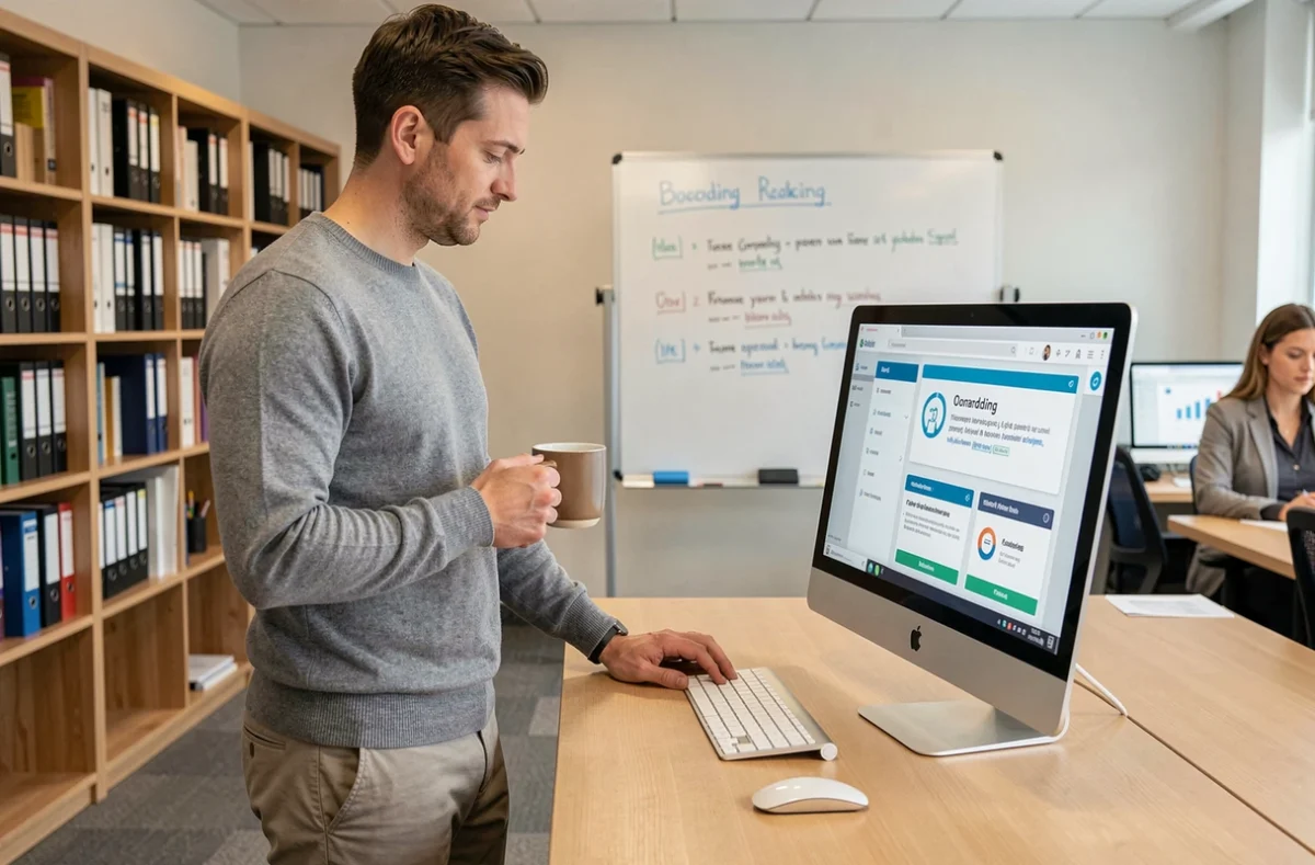 Collaborateur consultant un guide de prise en main hrforyou sur son poste de travail dans un bureau RH moderne
