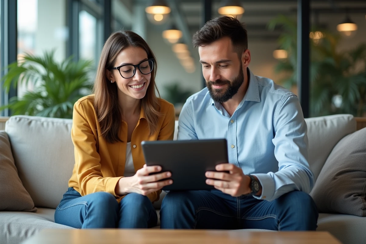 Deux collègues consultant ensemble l'application mobile de conseils médias sur une tablette au bureau