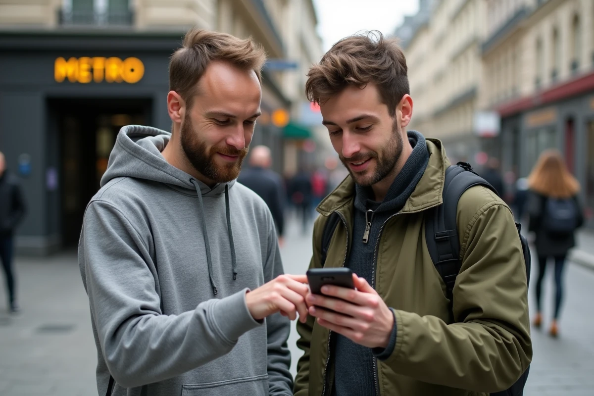 Deux collègues consultant ensemble l'application Nomade Ville de Paris sur mobile près d'une station de métro