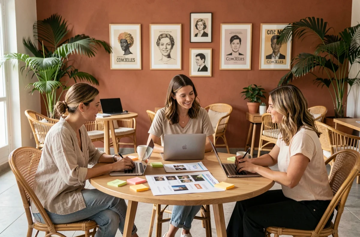 Trois associées de l'agence Com3Elles collaborant sur un projet de brand storytelling dans un espace de coworking chaleureux à Montpellier