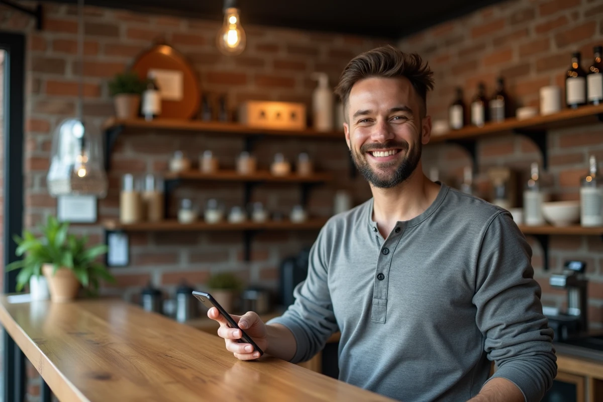 Propriétaire de boutique souriant en recevant un avis client cinq étoiles sur son smartphone dans son commerce
