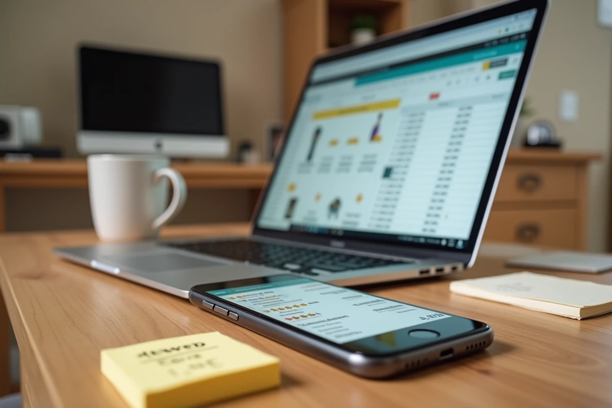Bureau à domicile avec smartphone affichant un comparateur de prix et ordinateur portable avec données de commissions affiliées