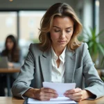 Femme cadre analysant un planning de congés trimestriels et d'heures de travail à temps partiel dans un bureau moderne