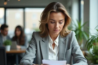 Femme cadre analysant un planning de congés trimestriels et d'heures de travail à temps partiel dans un bureau moderne