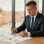 Consultant en développement d'entreprise à Toulouse analysant des graphiques de croissance sur son bureau