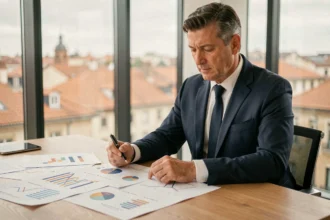 Consultant en développement d'entreprise à Toulouse analysant des graphiques de croissance sur son bureau