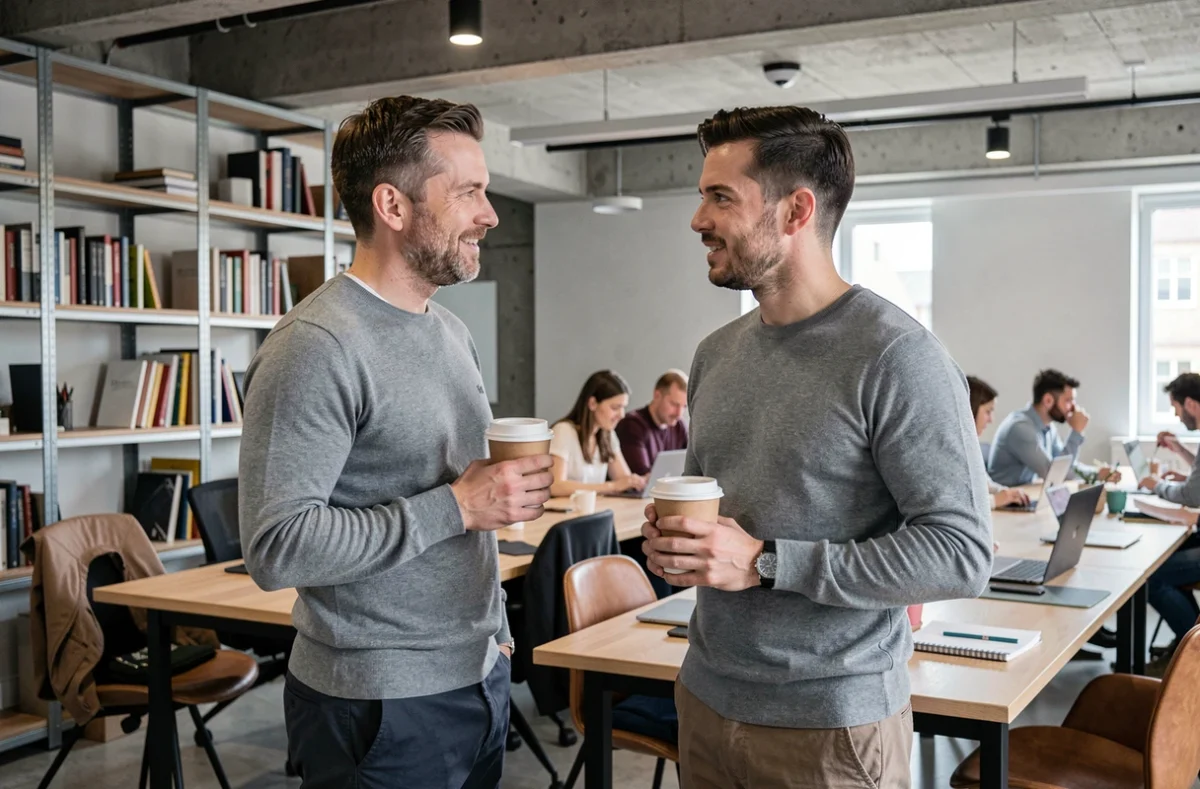 Consultant indépendant en discussion professionnelle dans un espace de coworking moderne pour développer son réseau