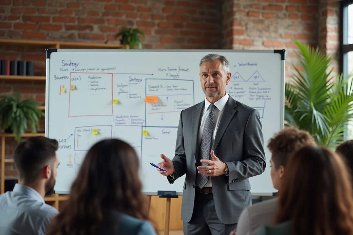 Consultant stratégique animant un atelier professionnel devant un tableau blanc rempli de frameworks et de notes analytiques