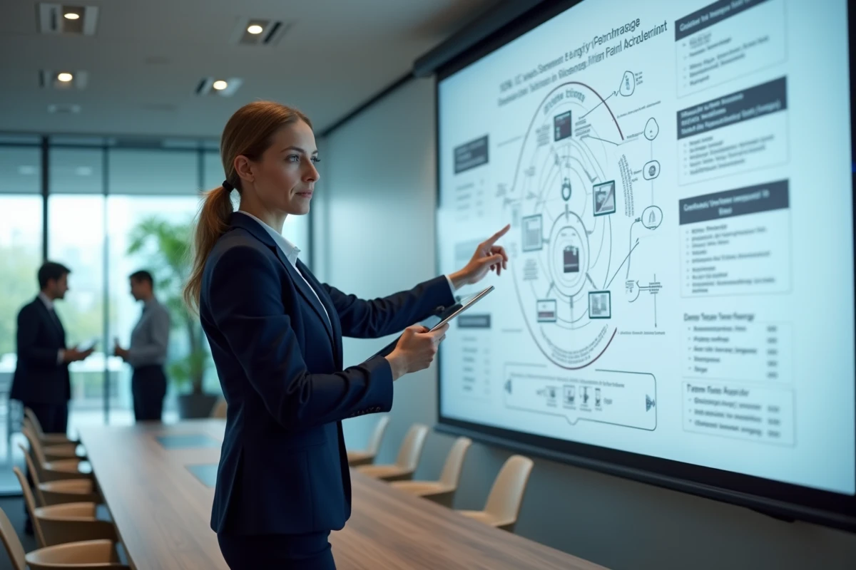 Consultante en énergie présentant une analyse des risques d'interchange non programmé sur un tableau interactif en salle de réunion
