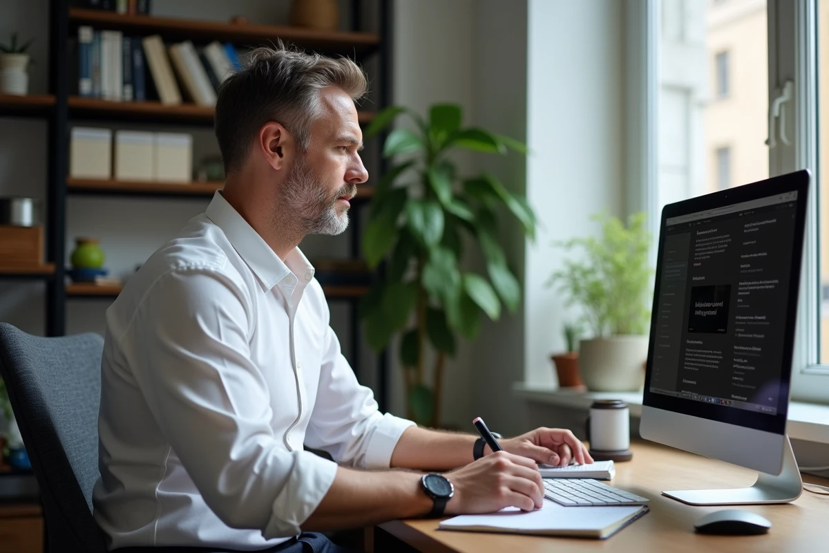 Homme consultant des avis en ligne sur un ordinateur pour évaluer une opportunité d'investissement depuis son bureau à domicile