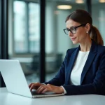 Femme professionnelle consultant sa messagerie sur un intranet depuis son bureau en open space