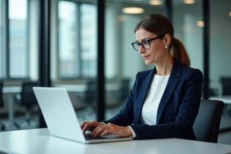 Femme professionnelle consultant sa messagerie sur un intranet depuis son bureau en open space