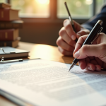 Signature d un contrat sur un bureau en bois avec livres juridiques