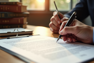Signature d un contrat sur un bureau en bois avec livres juridiques