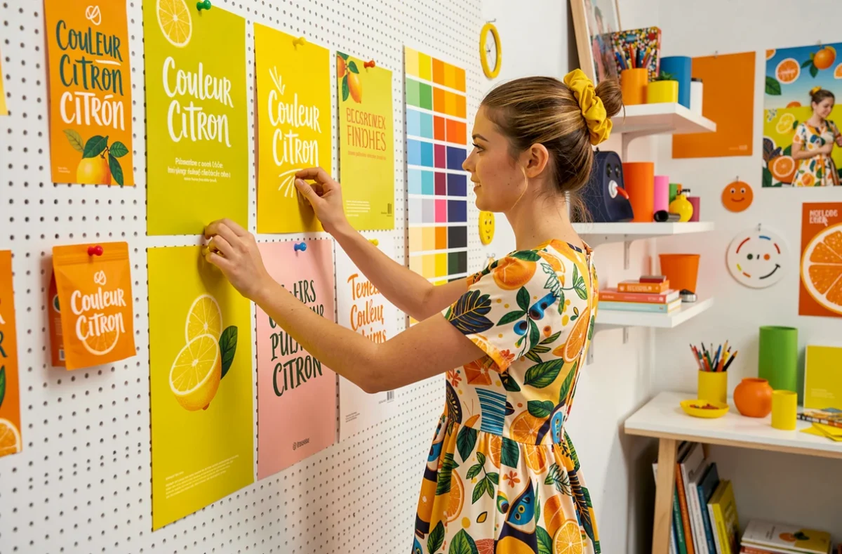 Designer de Couleur Citron accrochant des affiches colorées d'identité de marque dans un studio créatif à Perpignan