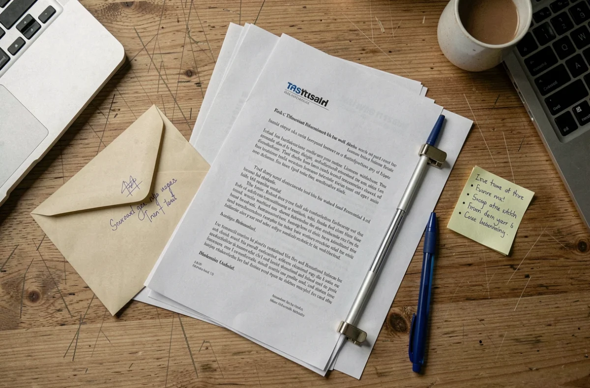 Vue de dessus d'un bureau avec courrier, pièces jointes et documents administratifs prêts à l'envoi pour une assemblée