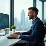 Courtier en assurance consultant l'extranet AXA sur un écran dans un bureau moderne avec vue urbaine