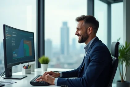 Courtier en assurance consultant l'extranet AXA sur un écran dans un bureau moderne avec vue urbaine