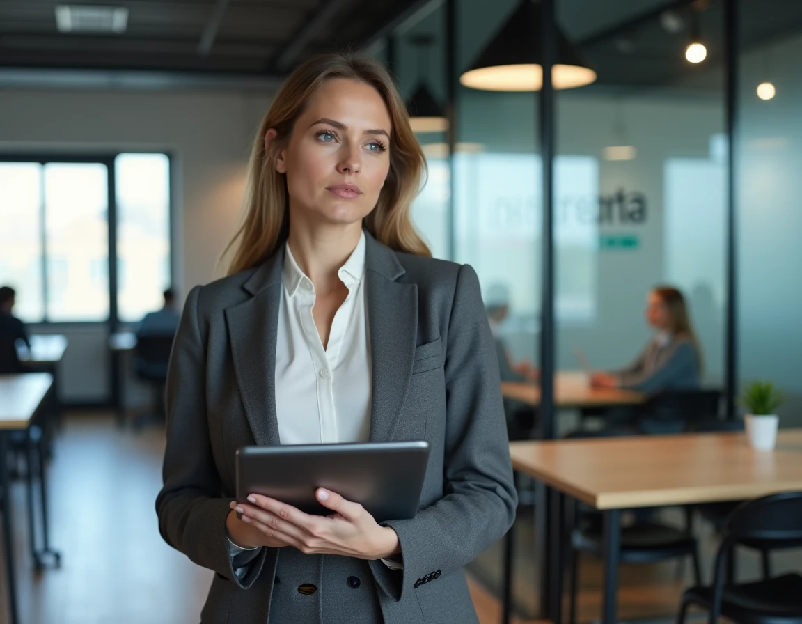 Courtière AXA consultant un tableau de bord de gestion des contrats sur une tablette dans un open space professionnel