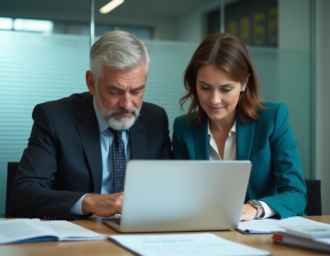 Deux courtiers AXA en réunion collaborant sur l'extranet courtage pour la gestion de nouveaux contrats 2026