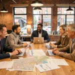 Groupe de propriétaires de commerces locaux réunis autour d'une table pour créer une association de développement commercial