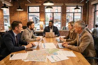 Groupe de propriétaires de commerces locaux réunis autour d'une table pour créer une association de développement commercial