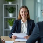 Jeune femme débutante exprimant son intérêt lors d'un entretien d'embauche face à un recruteur dans un bureau moderne