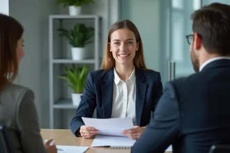 Jeune femme débutante exprimant son intérêt lors d'un entretien d'embauche face à un recruteur dans un bureau moderne
