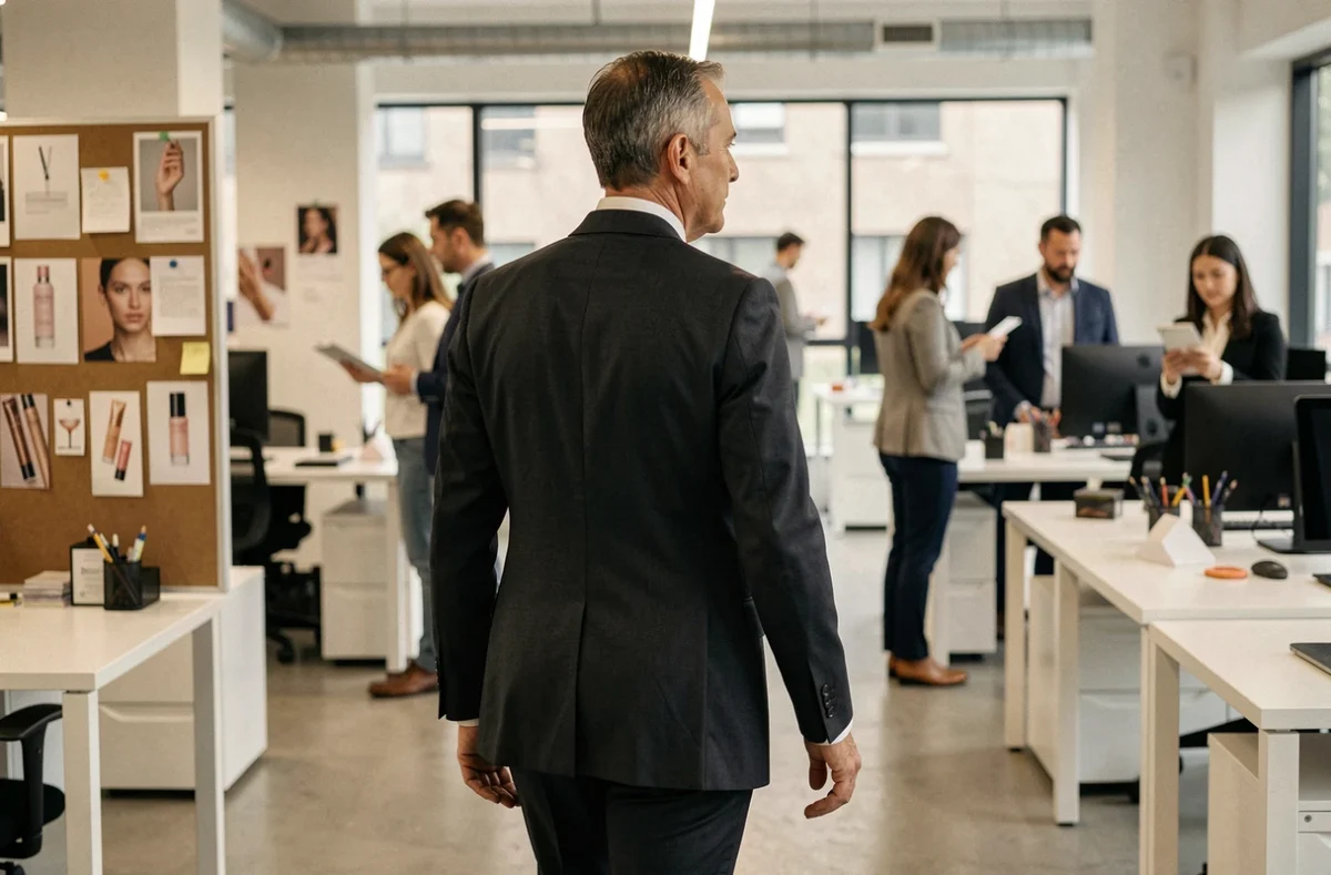 Directeur général marchant dans un open space dédié au marketing cosmétique avec tableaux d'inspiration de marque, illustrant le leadership dans l'industrie de la beauté