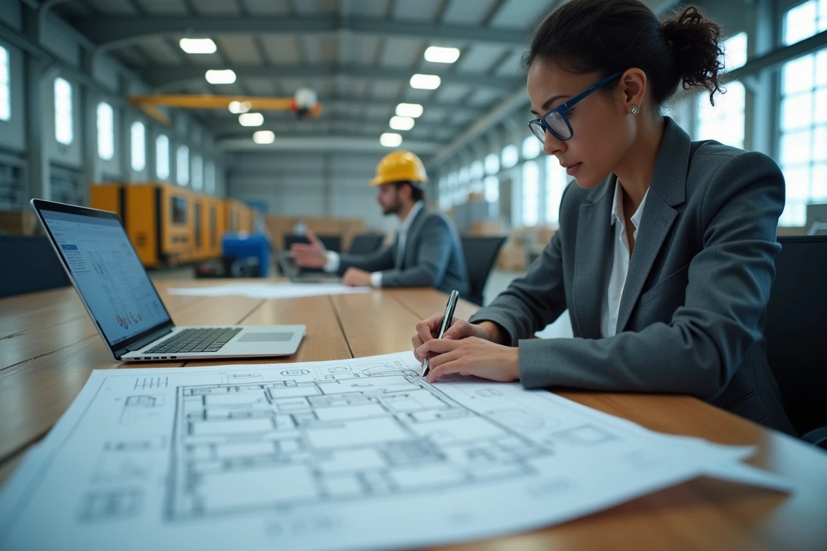 Directrice de projet industriel analysant des plans d'usine et documents techniques avant lancement de production