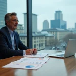 Dirigeant Apple en costume sombre assis dans une salle de conseil avec documents réglementaires européens et vue sur skyline urbain