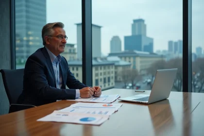 Dirigeant Apple en costume sombre assis dans une salle de conseil avec documents réglementaires européens et vue sur skyline urbain