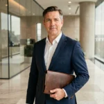 Dirigeant d'entreprise en costume marine dans un hall corporate parisien moderne, portrait éditorial illustrant l'ascension d'un cadre dirigeant chez L'Oréal