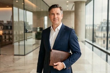 Dirigeant d'entreprise en costume marine dans un hall corporate parisien moderne, portrait éditorial illustrant l'ascension d'un cadre dirigeant chez L'Oréal