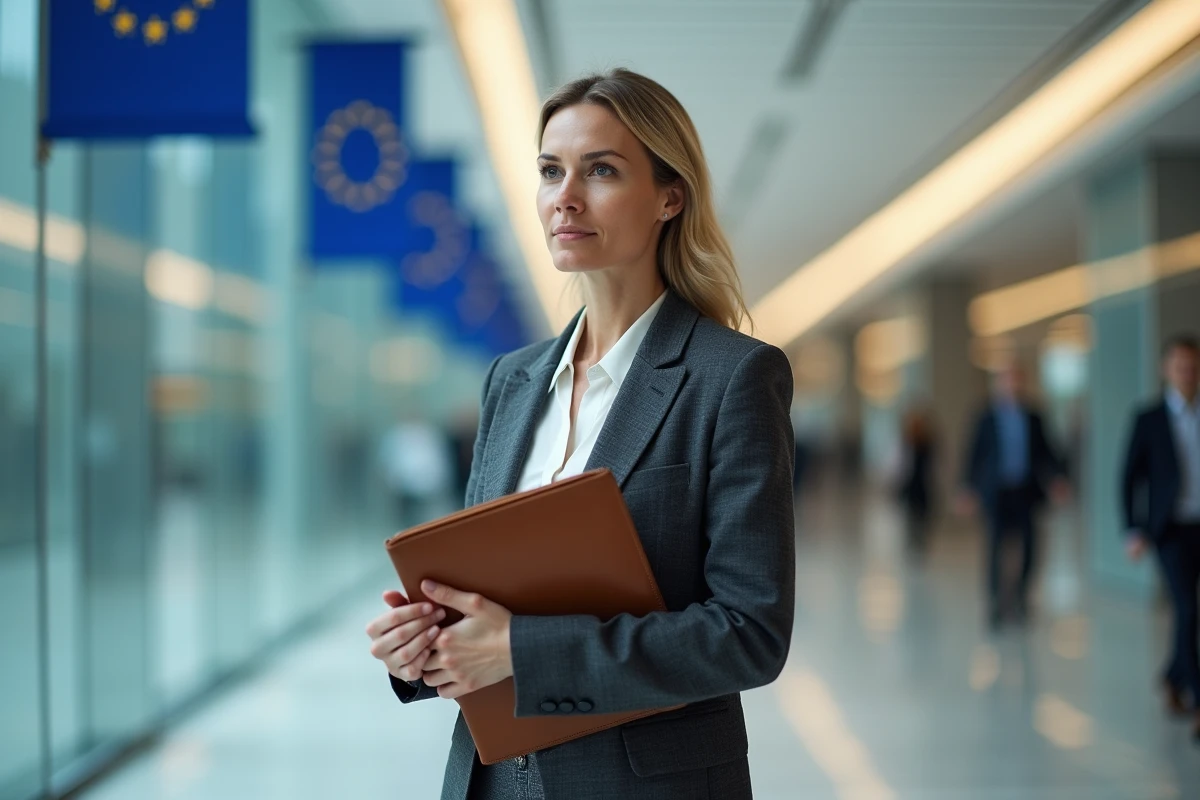 Dirigeante tech debout dans un couloir d'institution européenne tenant un dossier face aux enjeux de régulation numérique