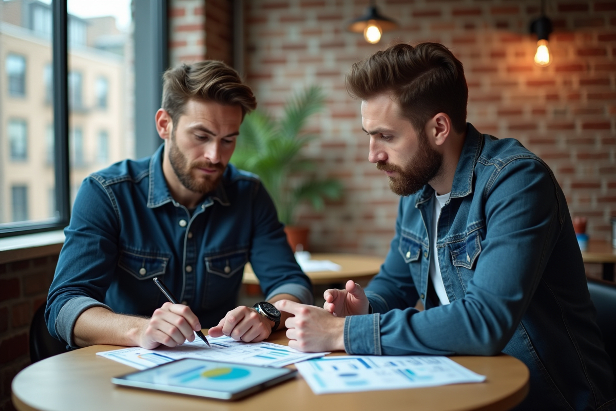 Deux hommes discutant avec des graphiques dans un café urbain